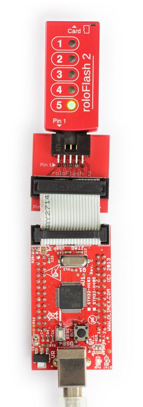 roloFlash 2 über Adapter an einem STM32-Entwicklungsboard angesteckt